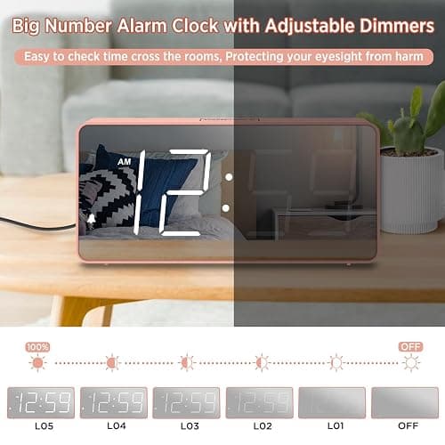 Peakeep Digital Clock, Alarm Clock Battery Backup Powered for Bedrooms - Mirror Face Large Numbers 6 Dimmers for Seniors, Super Loud for Heavy Sleepers (Pink) thumbnail 5