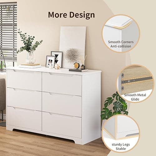 Gizoon 6 Drawer Double Dresser for Bedroom with Anti-Tip Design, White | Modern Wide Wooden Chest of Drawers with Cut-Out Handles, Closet Storage Organizer and TV Stand for Living Room, Hallway thumbnail 5