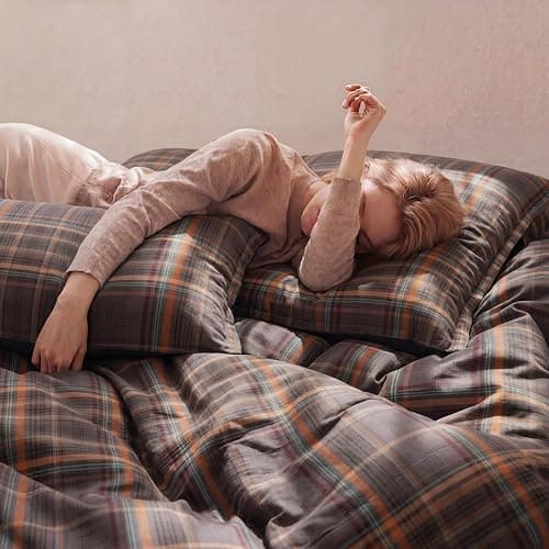 Cozaline 100% Cotton Vintage Plaid Duvet Cover Queen Size - Dark Gray and Burnt Orange Checkered Pattern Duvet Cover Set with Zipper Closure, 3 Pieces Soft & Breathable Bedding Set for All Seasons thumbnail 5