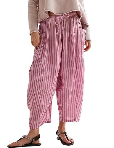MISSACTIVER Women Summer Striped Harem Pants Flowy Baggy Casual Wide Leg Trousers Drawstring Boho Palazzo Pants with Pockets - Image 1