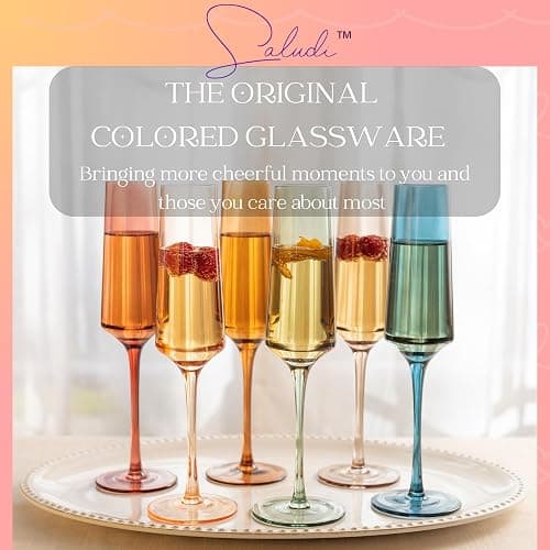 Saludi Colored Champagne Flutes - As Seen on 'Bachelor in Paradise' - 7oz (Set of 6) Stemmed Multi-Color Champagne Glass - Great for All Occasions and Gifts - Luxury, Durable, Hand-Blown thumbnail 7