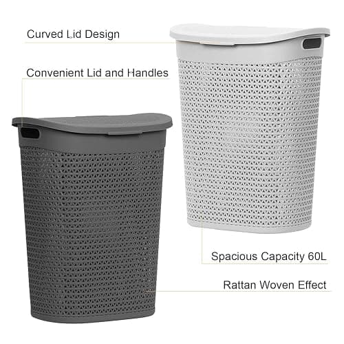 60L Laundry Basket with Lid - Large Plastic Washing Basket with Handles - Heavy-Duty Rattan Laundry Bin Hamper Clothes Storage Organiser for Bedroom & Bathroom - Grey, 60 Litre thumbnail 7
