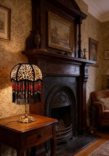 Rynbble Vintage Leopard Print Table Lamp with Black Tassels & Red Beads, Victorian Style Nightstand Lamp, Gold Brass Base, Retro Bohemian Accent Light for Bedroom, Living Room, Home Office thumbnail 5