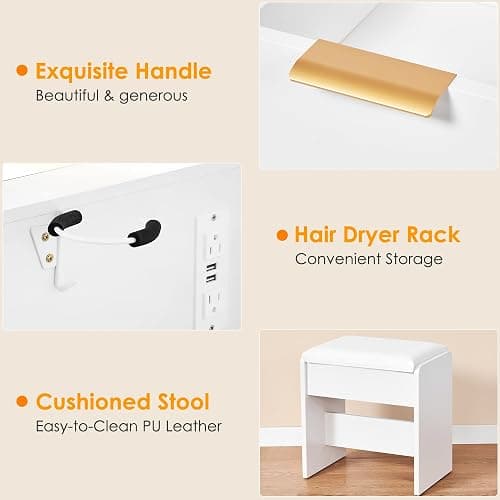 ANWBROAD 39" Makeup Vanity Desk with Mirror and Lights with 6 Drawers and Charging Station Girls Vanity with Glass Top,3 Color Modes Adjustable,White for Bedroom UBDT79A thumbnail 7