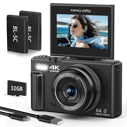 4K Digital Camera for Photography, 64MP Vlogging Camera with 180° Screen | Compact Point And Shoot Camera With WiFi, 32GB Card, 2 Rechargeable Batteries, Portable Travel Camera, Black - Image 1