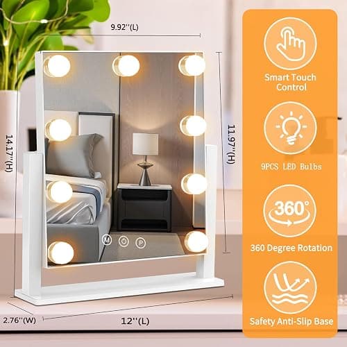 Vanity Mirror with Lights, Hollywood Lighted Makeup Mirror with 3 Color Lighting Modes and 9 Dimmable Bulbs, Detachable 5X Magnification, Smart Touch Control, 360°Rotation, White thumbnail 3