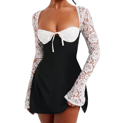 FeMereina Women 's Elegant Lace Long Sleeve Dress Lace Patchwork Low Cut Mini Dress Backless Tie-up Going Out Dress - Image 1