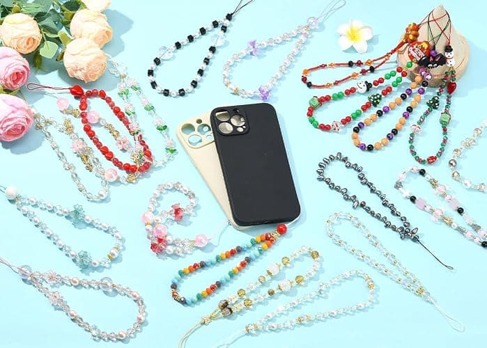 BEEFLYING Beaded Phone Charm Wrist Straps Y2K Phone Bracelet Lanyard, Cute Cyrstal Butterfly Flower Cellphone Wristlet Strap for Keychain Bag Charm thumbnail 8