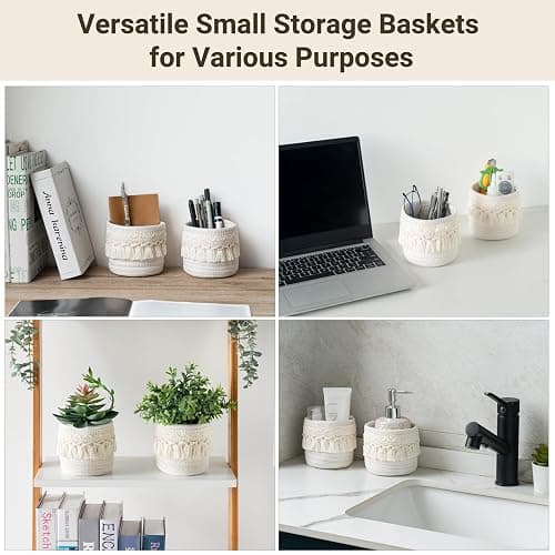 Mkono Macrame Makeup Brush Holder Organizer Comb Brushes Mini Storage Basket Set of 2 Boho Decor Baskets for Pen Pencil Box Container ,Ivory thumbnail 5