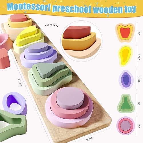 Symdiro Montessori Toys for 1 2 3 Year Old Boys Girls - Wooden Sorting & Stacking Toys for Kids - Toddler Toys Age 1-3 - Shape Sorter and Color Stacker Preschool Kids Gifts - Chroma thumbnail 3