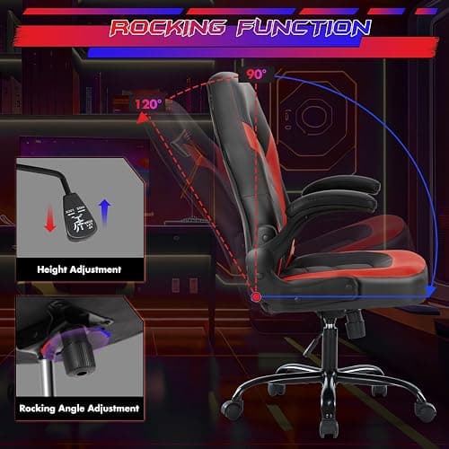 Sweetcrispy Computer Gaming Desk Chair - Ergonomic Office Executive Adjustable Swivel Task PU Leather Racing Chair with Flip-up Armrest for Adults, Kids, Men, Girls, Gamer, Black Red thumbnail 4