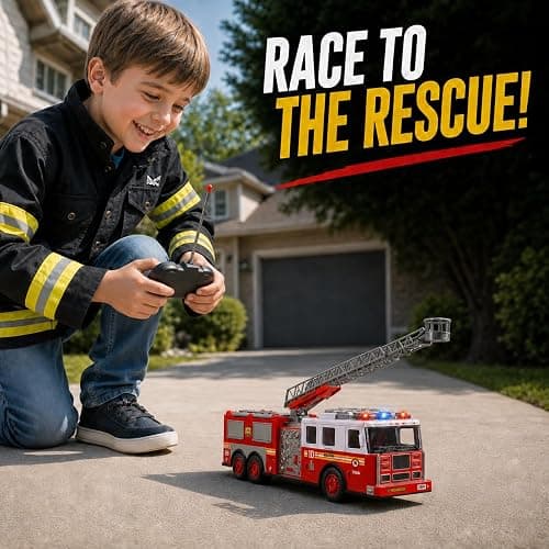 Liberty Imports RC Fire Truck - Big Remote Control Toy Fire Truck - 14" Rescue Fire Engine with Flashing Lights and Siren Sounds, Extendable Rescue Ladder for Kids thumbnail 2
