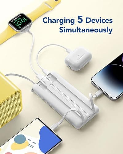 VRURC Portable Charger, Built-in Cables Power Bank 10000mAh | LED Display Slim USB C Battery Pack with 5 Output 2 Input for iPhone, Samsung, Android etc-White(1 pack) thumbnail 4