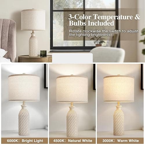 Ceramic Table Lamps Set of 2, Farmhouse 24.8" Bedside Lamps with 3-Color Temperature, Modern Nightstand Lamp Desk Reading Lamp with Fabric Drum Shade for Bedroom, Living Room, Office, 2 Bulbs Included thumbnail 3
