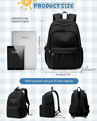 winspansy Backpack for School Teenage Girls Boys,Waterproof Lightweight School Bags Travel Daypack Simple Cute College Backpack Rucksack for Women Men fit 14 Inch Laptop,Black thumbnail 4