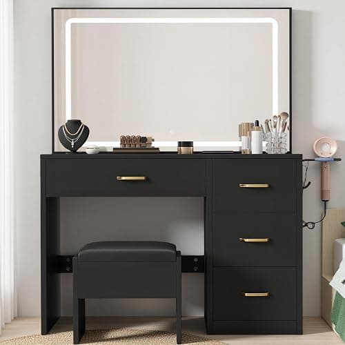 YITAHOME Vanity Desk Set with Large 35" LED Mirror, Makeup Table with 2 AC Outlets and 2 USB Ports, 4 Drawers & Stool, Adjustable Lighting, Modern Dressing Table, Black - Jet Black - LED Strip thumbnail 3