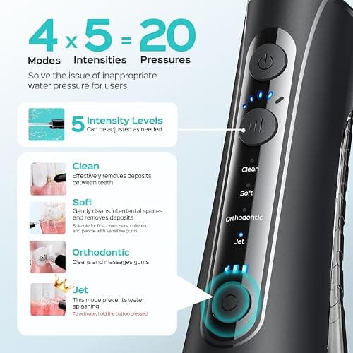 COSLUS ADA Accepted C50 Water Dental Flosser, 4 Modes 5 Intensity Levels | Professional Water Teeth Pick for Braces, Orthodontics & Sensitive Gums, Compact Cordless for Family Home Travel, Black thumbnail 4