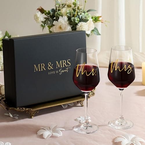 AW BRIDAL Mr and Mrs Wine Glasses Set of 2 for Engagement Bridal Shower, Wedding Gifts for Newlywed Couples 2026, Personalized Anniversary Wine Glass Gift Basket for Bride Groom and Fiance Fiancee thumbnail 7