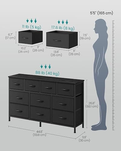 SONGMICS BELLAH Collection - Dresser for Bedroom, Chest of Drawers, TV Stand for TVs Up to 55 Inches, Living Room, Closet, 10 Drawers, Modern, Ink Black ULGS333BH02S thumbnail 3
