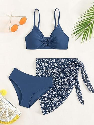 COZYEASE Girls' 3 Piece Bikini Set Ditsy Floral Print Wireless Swimsuit with Beach Skirt - 9 Years - Navy Blue thumbnail 5