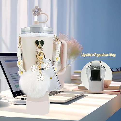 Velaco 11 PCS Stanley Cup Accessories - Water Bottle Handle Strap for 30/40 oz Tumbler with Handle, Including Straw Toppers, Silicone Cup Boot, Keychain Charms - White - 11 PCS White thumbnail 6