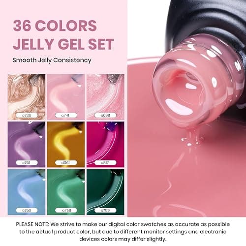 Beetles Jelly Gel Nail Polish Set, 53PCS 36 Colors Jelly Pink Milky White Red Black Blue Green Silver Cat Eye Base Glitter Glossy Matte Top Coat Crystal Ice Collection French Nails Gift for Women thumbnail 3