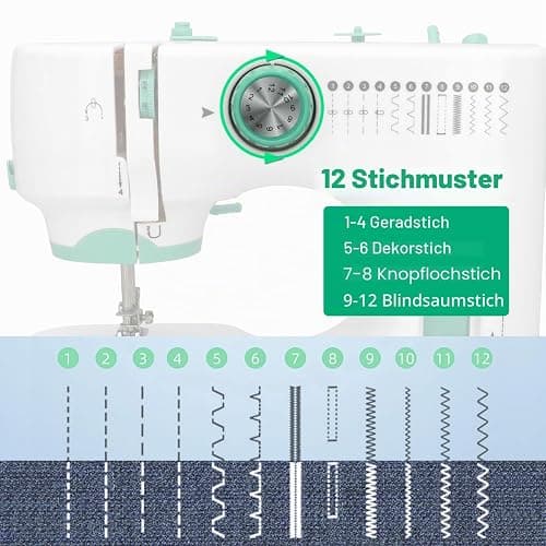 Ykall Nähmaschine für Anfänger, 12 Stichmuster & 2 Geschwindigkeiten | 12 Stichmuster, 2 Stufen & Doppelstich. Fußpedal/Knopf. LED-Licht, 9 Spannungen. Komplettset mit Zubehör. thumbnail 2