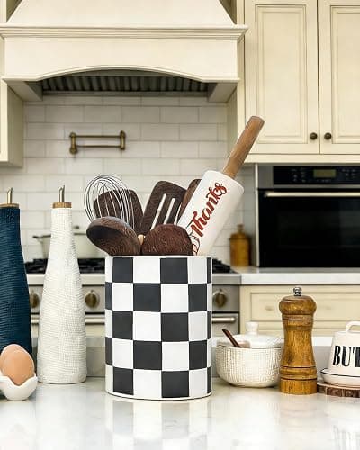 Swkien Utensil Holder，7.2 Inch Checkered Utensil Holder, Ceramic Cooking Utensil Spoon/Spatula Holder for Countertop, Kitchen Decor and Accessories for counte(Black) thumbnail 7