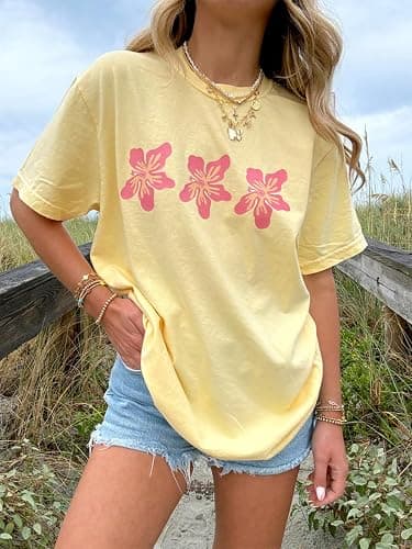 Oversized Graphic Tshirt for Teens Women Cute Floral Ocean Print Baggy Tops Summer Beach Vintage Aesthetic Coastal Tee thumbnail 3