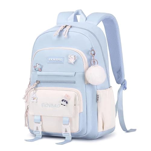 Tanou School Backpacks for Girls, 20 Liters Kawaii Girls School Bag with Pendant, Lightweight Nylon Childrens Backpack for Primary Junior School, Blue - Image 1