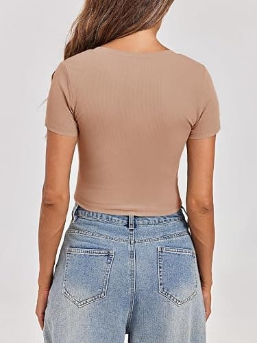 Tankaneo Womens Crop Tops Ribbed V Neck Short Sleeve Summer Basic Tees Slim Fit Y2k Shirts thumbnail 5