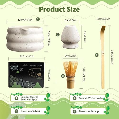 4PCS Matcha Tea Set with Whisk and Bowl, Traditional Bamboo Chasen Matcha Whisk & Handmade Ceramic Matcha Bowl with Spout (White) thumbnail 2