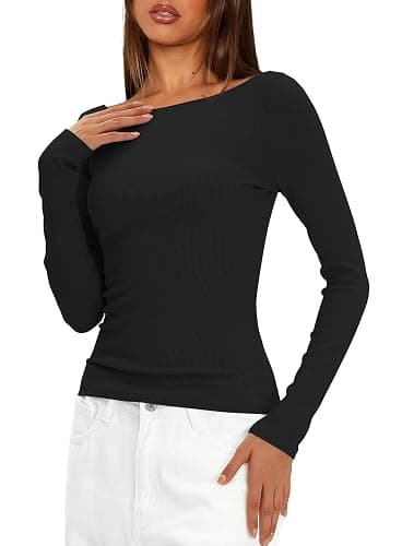 Darong Womens Long Sleeve Boat Neck Top Sexy Backless Slim Fit Basic Tee T-Shirt Ribbed Knit Going Out Tops thumbnail 4