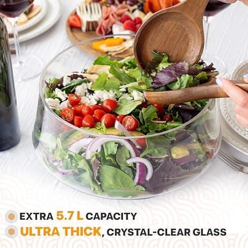 Oria Cook Large Glass Salad Bowl with Lid Set, 5.7 L Decorative Glass Mixing Bowl, Trifle and Serving Bowls with Lids as Cheese Charcuterie Board and Plate, Comes with Wood Serving Utensils thumbnail 4
