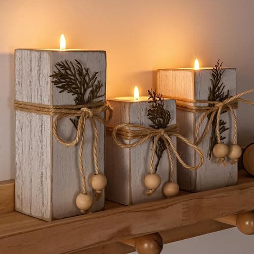 MelonBoat Rustic Flameless LED Candles 3-Pack, Battery Operated Candles with Wooden Candle Holders, White Rustic Farmhouse Decor, Farmhouse Candle Holder for Valentines Holiday Party Home Decor thumbnail 5