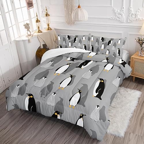 XYNHML Cartoon Penguin Comforter 3Pcs Queen Antarctic Wild Animal Bedding Set for Kid Teen Girl Boy Adult Grey White Black Cute Penguins Wild Safari Quilt Bed Decor with 1 Comforter and 2 Pillowcases thumbnail 2