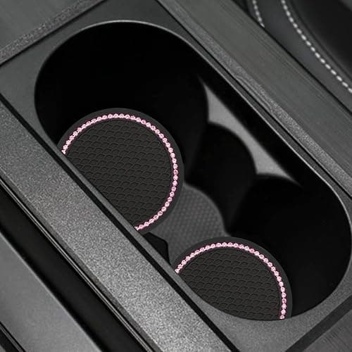 Yousheng 2PCS Bling Car Cup Coaster, Universal Holder Insert Rhinestone Anti Slip Silicone Accessories Suitable for Most Interior, Best Gift Women, Black and Pink thumbnail 2