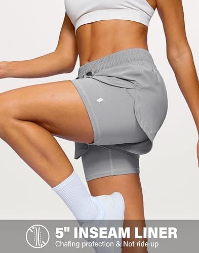 Soothfeel Women's 2 in 1 Running Shorts 5" Athletic Shorts High Waisted Workout Gym Tennis Exercise Shorts with Liner Pocket thumbnail 3