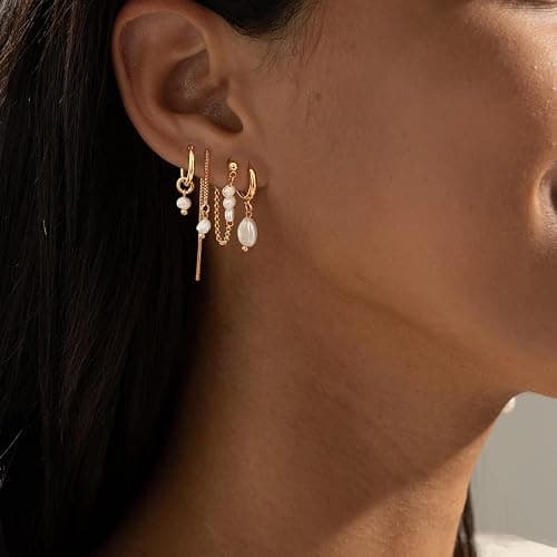 Pearl Earring Stacks for Women – Dainty 14K Gold Plated Hypoallergenic Hoop & Dangle Earrings Set thumbnail 8