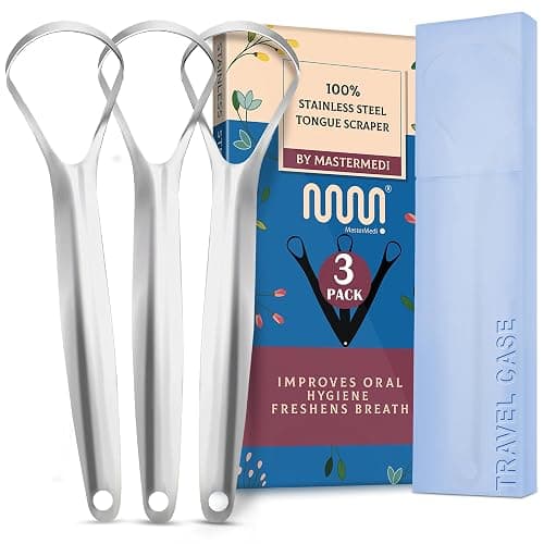 MasterMedi Tongue Scraper for Adults, 100% Stainless Steel for Bad Breath, Easy to Use, Tongue Cleaner for Oral Care (Pack of 3 with 1 Case) - Image 1