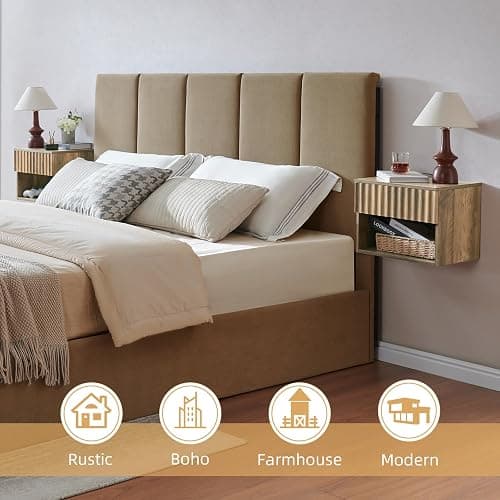 BuildHom Floating Nightstand with Fluted Drawer - Modern Wall Mounted Bedside Table with Open Storage Shelf, Small Night Stand TV Stand for Bedroom(Rustic Brown, Set of 2) thumbnail 3