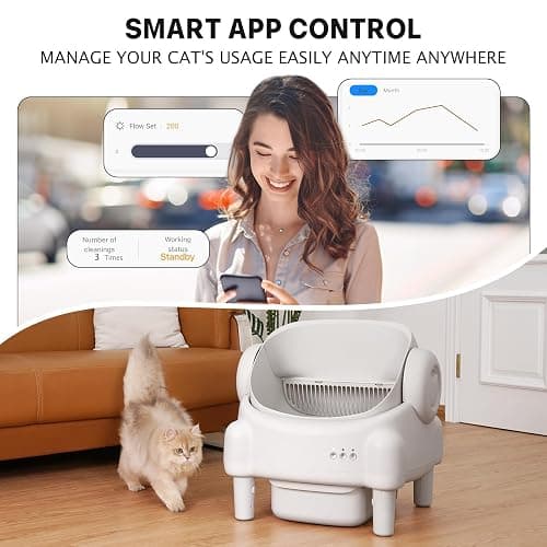 Self Cleaning Litter Box,Open Top Automatic Litter Box with App Control for Multiple Cats, Safety Sensors Protection, Odor Control Includes 2 roll Liners,Large Waste Bin, Cream White thumbnail 4