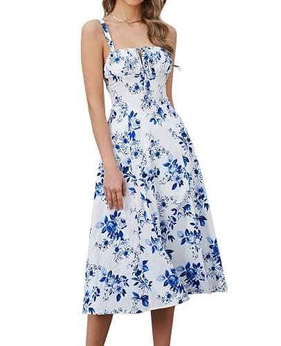 Floral Midi Corset Dress Wedding Guest Flowy Slit Lace Up Dresses for Women Tea Party A Line Casual Sundress - Image 1