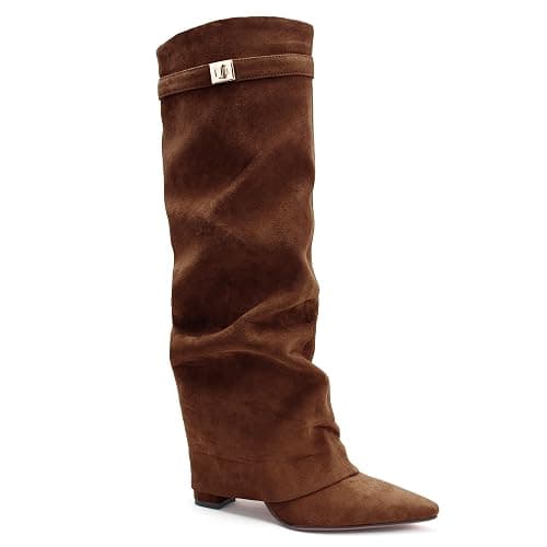 FJQNXGY Knee High Boots for Women Fold Over Knee High Boots Chunky Heel Pointed Toe Suede Long Boots With Side Zipper Tall Boots for Winter Fall thumbnail 2