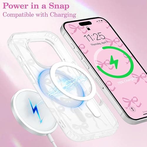 UEEBAI Magnetic for iPhone 14 Pro Max Case, Bow Case Compatible with MagSafe, Wireless Slim Clear Ribbon Aesthetic Phone Cover Anti-Yellowing Shockproof Protective Cover for Women Girl - White thumbnail 4