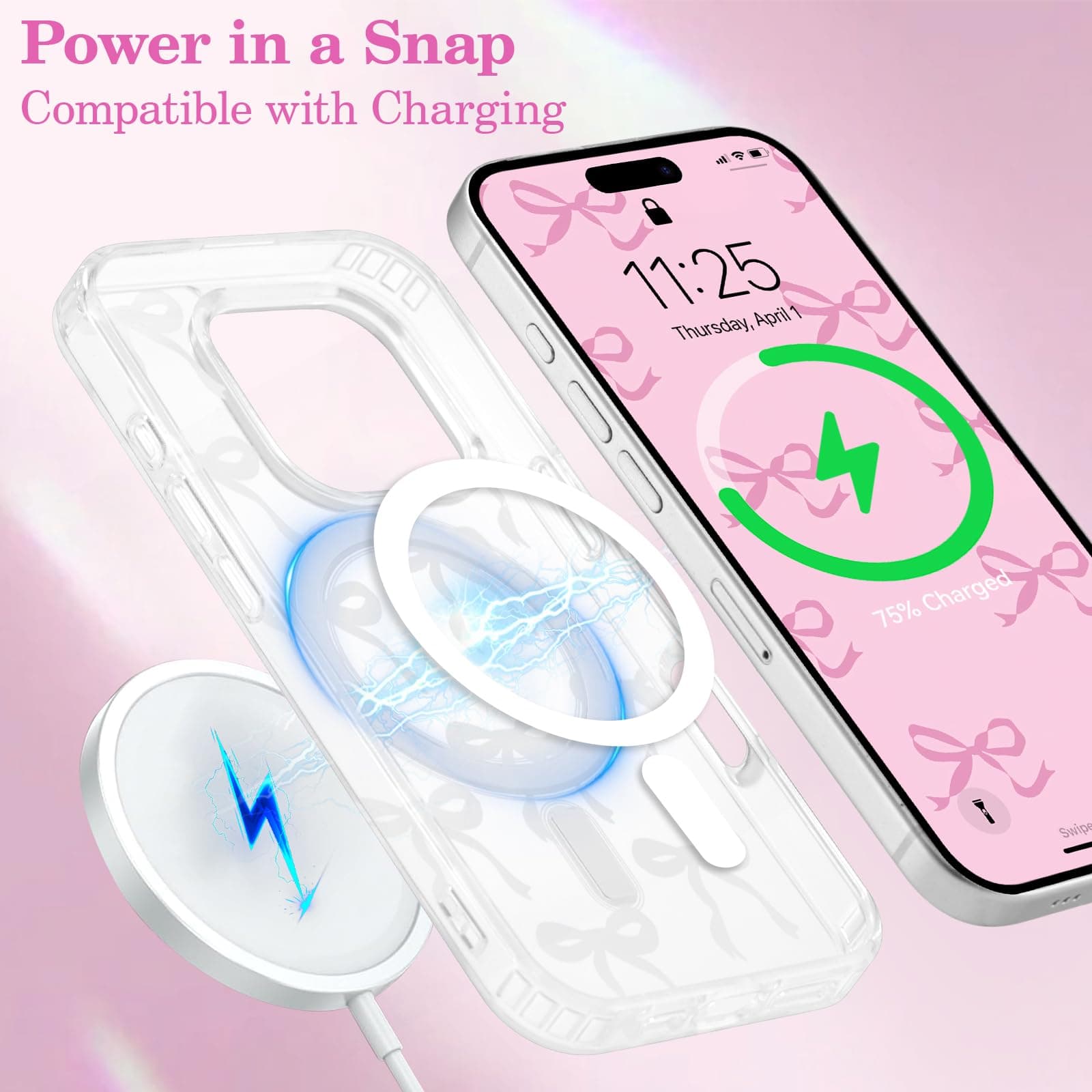 UEEBAI Magnetic for iPhone 12 Case & iPhone 12 Pro Case, Bow Case Compatible with MagSafe, Wireless Slim Clear Ribbon Phone Case Anti-Yellowing Shockproof Protective Cover for Women Girl - White thumbnail 4