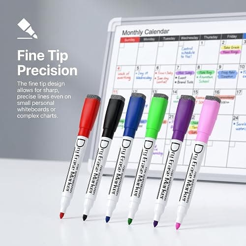 Volcanics Colored Magnetic Dry Erase Markers Fine Tip, Low Odor Whiteboard Markers with Eraser Cap, Dry Erase Pens for Calendar, Refrigerator, School, Office, Home, 6 Assorted Colors, Pack of 6 thumbnail 4