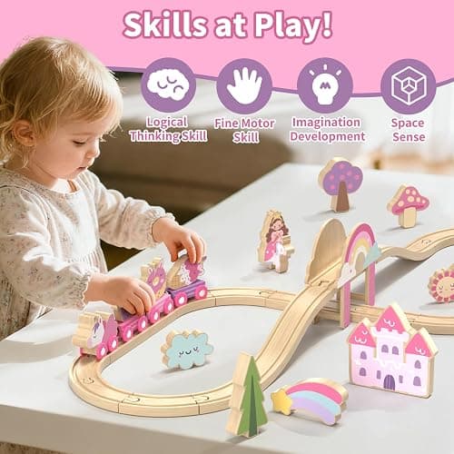 Lehoo Castle Wooden Train Set, Unicorn Train Set for Toddlers 2-4, Wooden Train Track Toddler Girl Toys Pink Train Toys for 3 4 5 6 Year Old Girl thumbnail 4