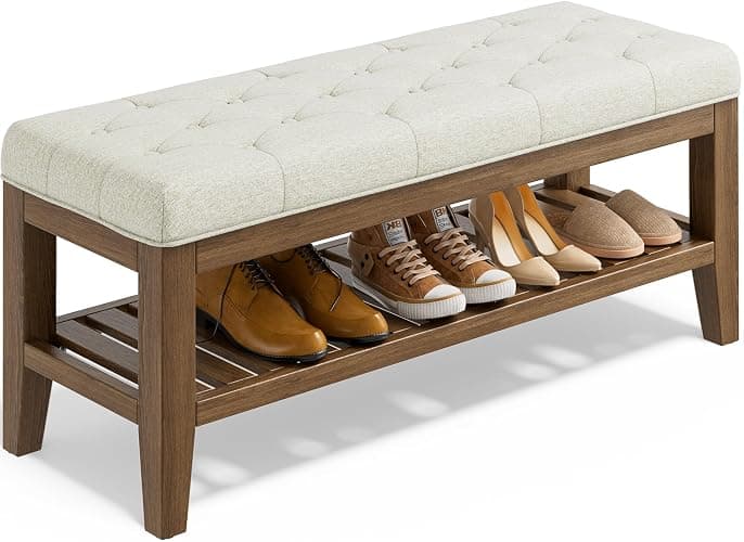 YaFiti End of Bed Storage Bench, 42.9" Entryway Shoe Bench with Solid Wood Shelf, Upholstered Ottoman with Padded Seat for Bedroom, Hallway and Living Room, Beige - Image 1