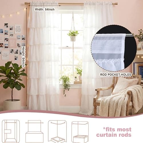 Hahafelt Dorm White Ruffle Curtain Flounced Ruffle Rod Pocket Curtain 52" W x 84" L Girl Preppy Curtains Panel Filtering for Dorm Bedroom Dining Bathroom Living Room Window Decor thumbnail 4